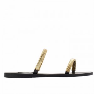 Women Ancient Greek Sandals Saita Slide Sandals Gold Black | CUV7228GG