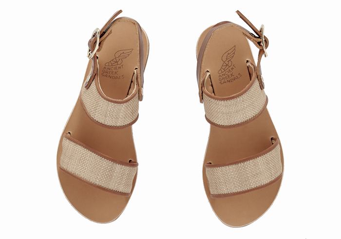 Kids' Ancient Greek Sandals Little Clio Rafia Soft Casual Sandals Beige Brown | MAK4640WZ