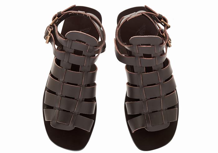 Men Ancient Greek Sandals Alexandros Leather Fisherman Sandals Chocolate | UDR7028TM