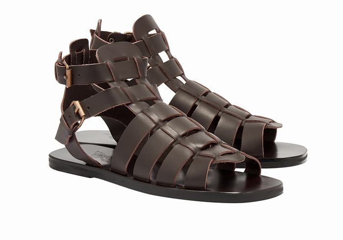 Men Ancient Greek Sandals Alexandros Leather Fisherman Sandals Chocolate | UDR7028TM