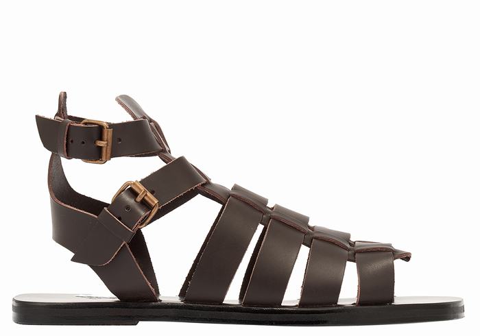 Men Ancient Greek Sandals Alexandros Leather Fisherman Sandals Chocolate | UDR7028TM