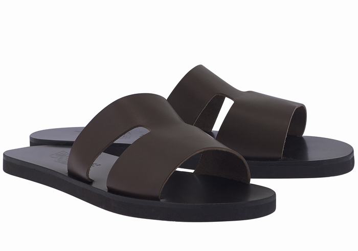 Men Ancient Greek Sandals Apteros Slide Sandals Chocolate | QBK64YX