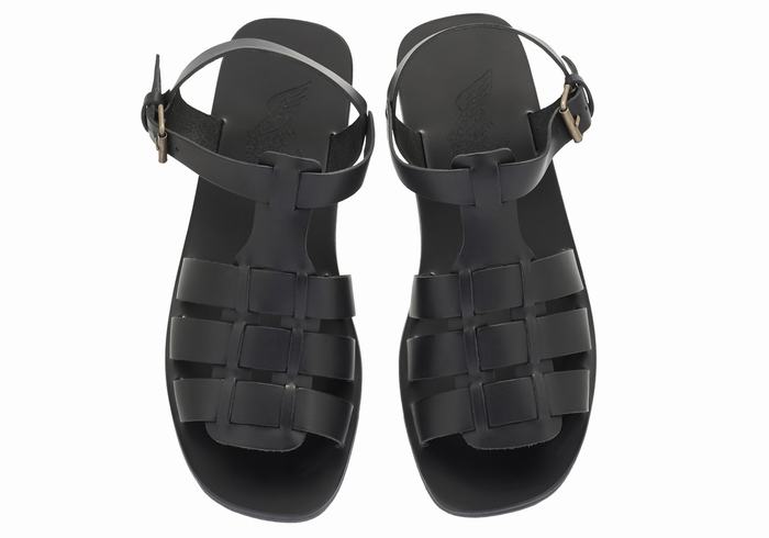 Men Ancient Greek Sandals Ektoras Leather Fisherman Sandals Black | JSJ405QE