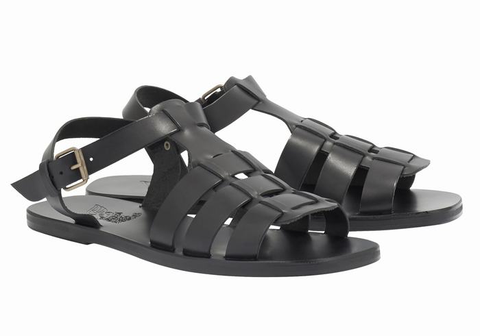 Men Ancient Greek Sandals Ektoras Leather Fisherman Sandals Black | JSJ405QE