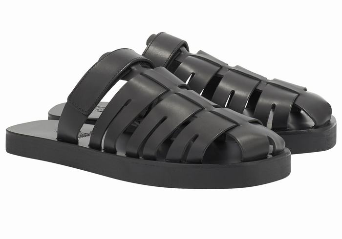 Men Ancient Greek Sandals Filoklis Leather Fisherman Sandals Black | FPB671KW