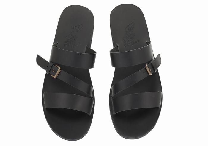 Men Ancient Greek Sandals Ifiklis Leather Slide Sandals Black | MCY6160BH