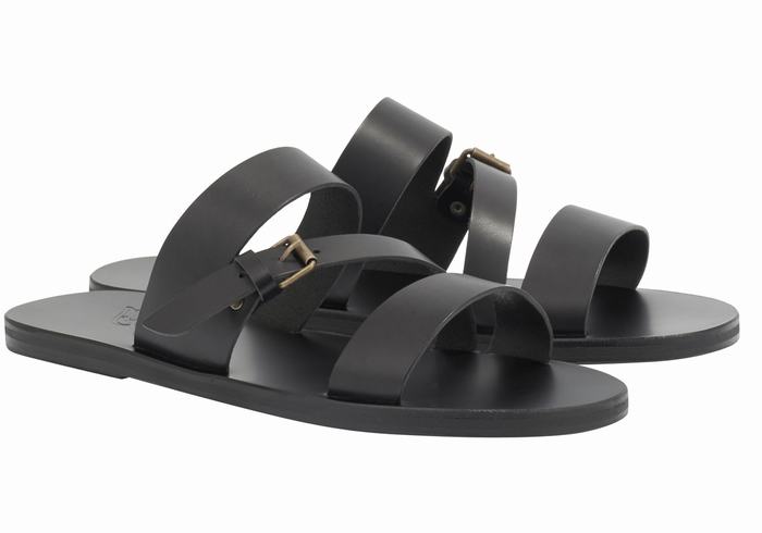 Men Ancient Greek Sandals Ifiklis Leather Slide Sandals Black | MCY6160BH