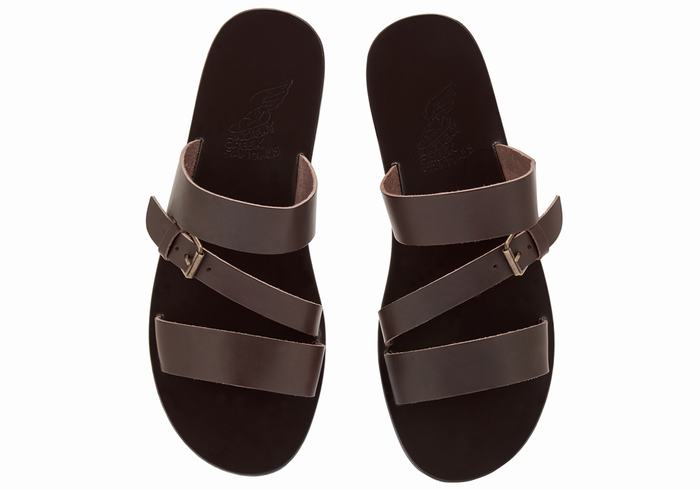 Men Ancient Greek Sandals Ifiklis Leather Slide Sandals Chocolate | KNA3160IE