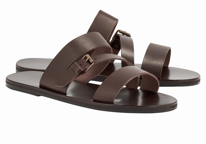 Men Ancient Greek Sandals Ifiklis Leather Slide Sandals Chocolate | KNA3160IE