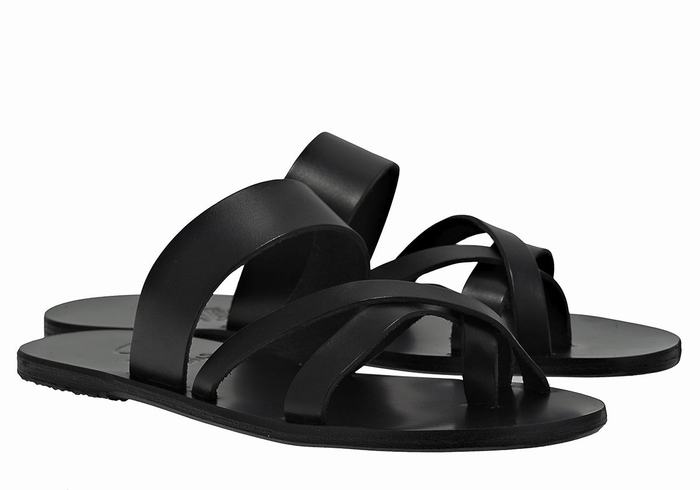 Men Ancient Greek Sandals Jason Leather Slide Sandals Black | TKK6281WL