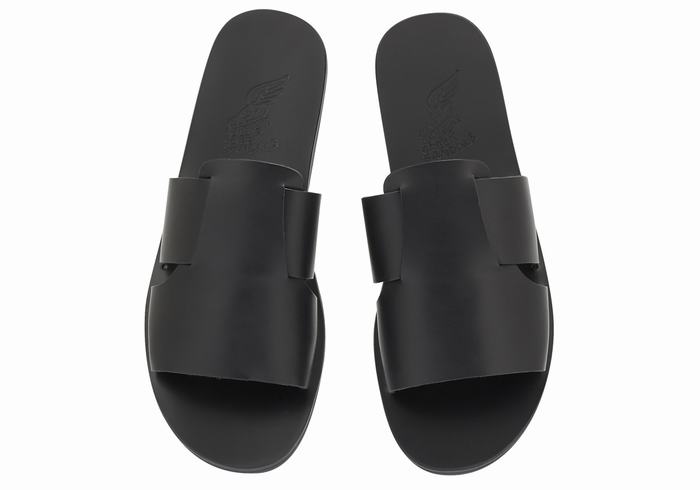 Men Ancient Greek Sandals Miltiadis Leather Slide Sandals Black | MWN8044JQ