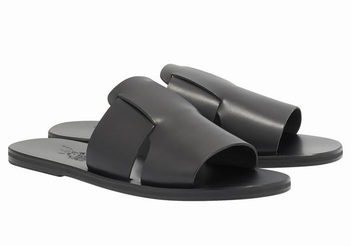 Men Ancient Greek Sandals Miltiadis Leather Slide Sandals Black | MWN8044JQ