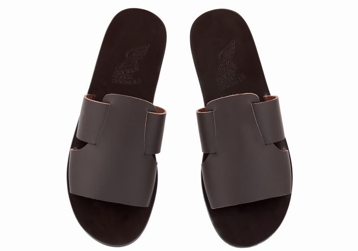 Men Ancient Greek Sandals Miltiadis Leather Slide Sandals Chocolate | SYO425ZA