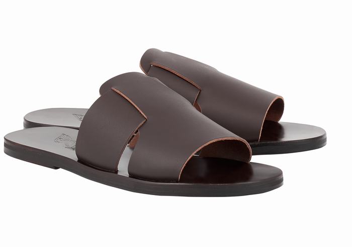 Men Ancient Greek Sandals Miltiadis Leather Slide Sandals Chocolate | SYO425ZA