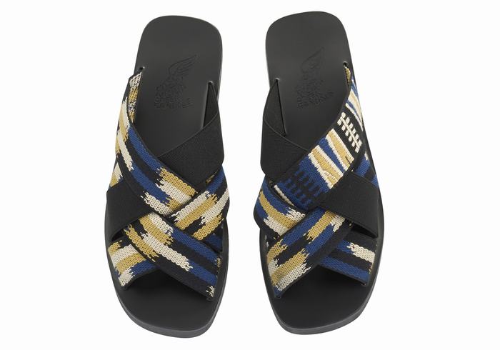 Men Ancient Greek Sandals Neoklis Slide Sandals Black Blue | NZT7915IK