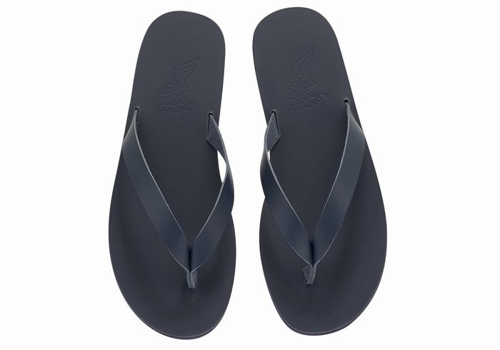 Men Ancient Greek Sandals Solon Leather Flip Flops Dark Blue | ORN1153CO