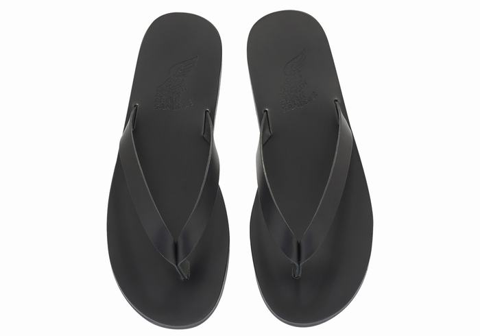 Men Ancient Greek Sandals Solon Leather Flip Flops Black | WWT37TJ