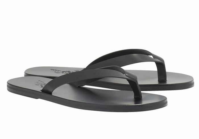 Men Ancient Greek Sandals Solon Leather Flip Flops Black | WWT37TJ