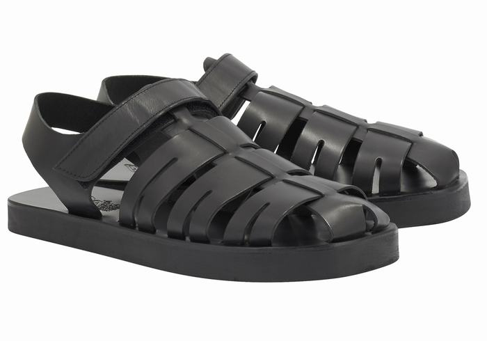 Men Ancient Greek Sandals Tilemachos Fisherman Sandals Black | QGQ1324FJ