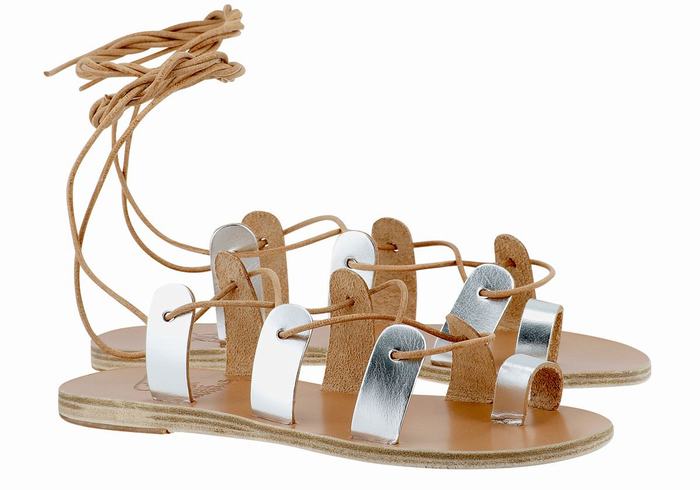 Women Ancient Greek Sandals Alcyone Leather Gladiator Sandals Silver | UKC3147AH