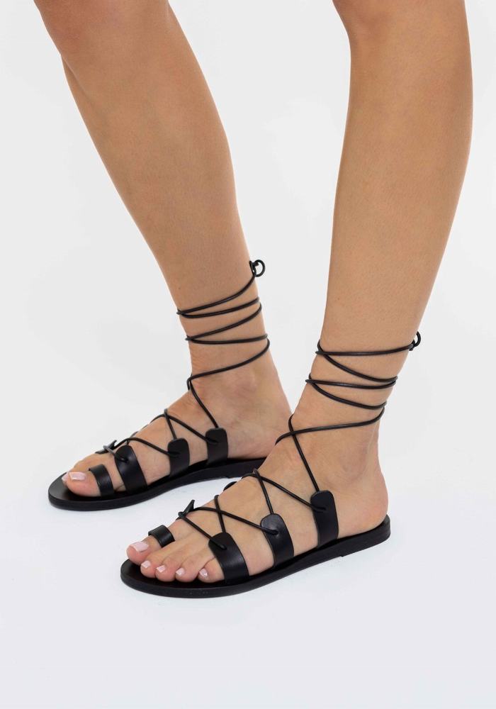 Women Ancient Greek Sandals Alcyone Leather Gladiator Sandals Black | MBG838AQ