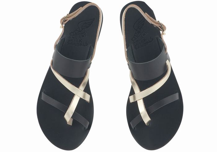 Women Ancient Greek Sandals Alethea Leather Back-Strap Sandals Black Gold White | EWY2252BO