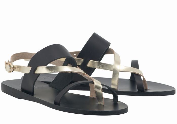 Women Ancient Greek Sandals Alethea Leather Back-Strap Sandals Black Gold White | EWY2252BO