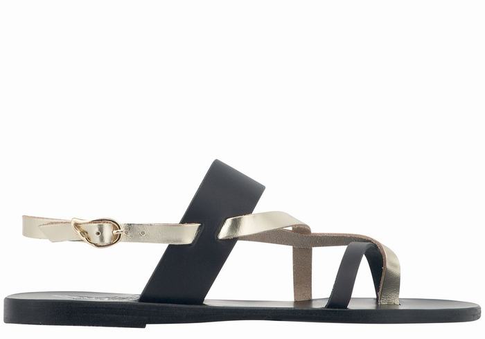 Women Ancient Greek Sandals Alethea Leather Back-Strap Sandals Black Gold White | EWY2252BO