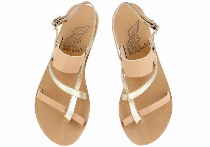 Women Ancient Greek Sandals Alethea Leather Back-Strap Sandals Beige Gold White | PBX8171ZQ