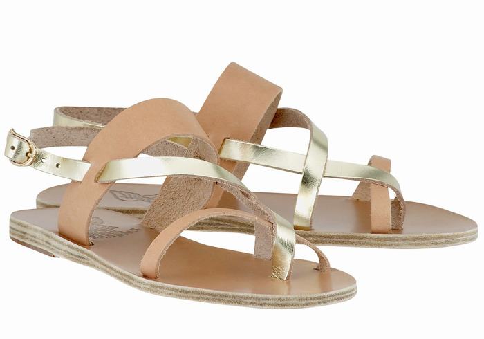 Women Ancient Greek Sandals Alethea Leather Back-Strap Sandals Beige Gold White | PBX8171ZQ