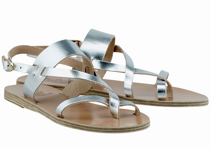 Women Ancient Greek Sandals Alethea Leather Back-Strap Sandals Silver | YBN6327AM