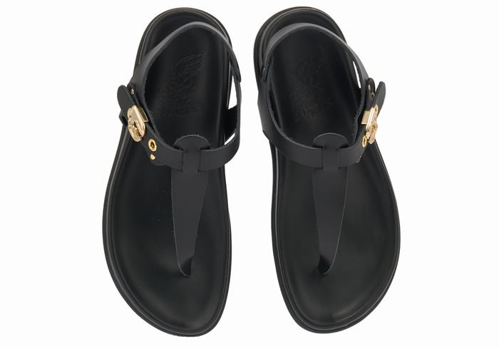 Women Ancient Greek Sandals Alki Flip Flop Back-Strap Sandals Black | YHM6872LB