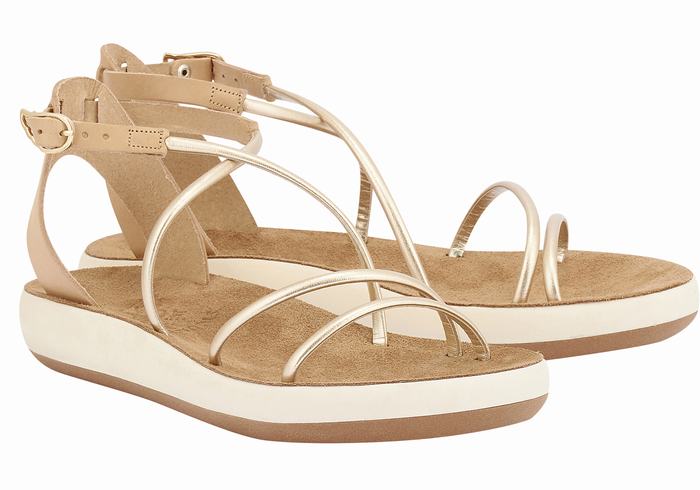 Women Ancient Greek Sandals Anastasia Comfort Ankle Strap Sandals Beige Gold White | EXK8171UQ