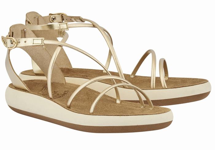 Women Ancient Greek Sandals Anastasia Comfort Ankle Strap Sandals Gold White | PPC1682YM