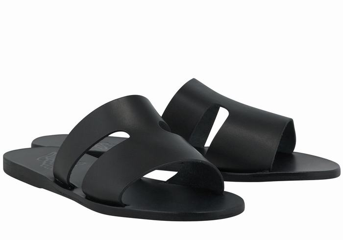 Women Ancient Greek Sandals Apteros Slide Sandals Black | BNW3943WO