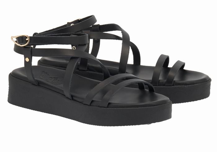 Women Ancient Greek Sandals Aristea Leather Platform Sandals Black | BCC2888ZG