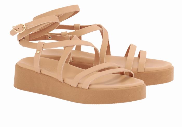 Women Ancient Greek Sandals Aristea Leather Platform Sandals Beige | AEZ823SV