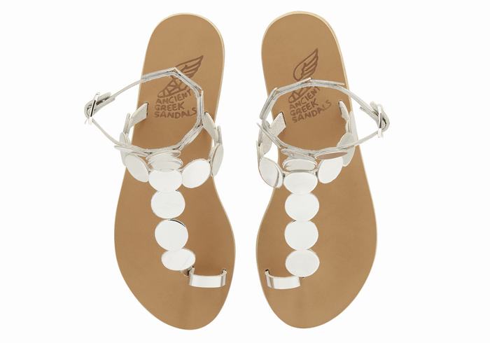 Women Ancient Greek Sandals Asteras Leather Toe-Post Sandals Silver | JJU6333NN