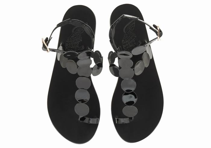 Women Ancient Greek Sandals Asteras Leather Toe-Post Sandals Black | PQR7696SI