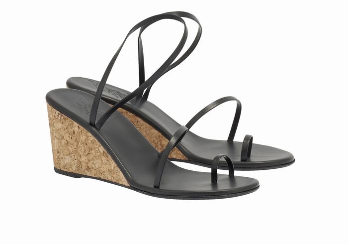 Women Ancient Greek Sandals Chora Mid Wedge Sandals Black | PZH8329CO