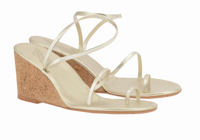 Women Ancient Greek Sandals Chora Mid Wedge Sandals Gold White | LYM4197FF