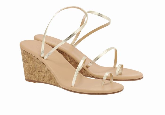 Women Ancient Greek Sandals Chora Mid Wedge Sandals Gold White | BEI946MS