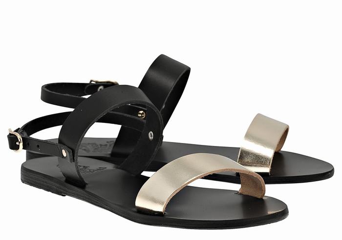 Women Ancient Greek Sandals Clio Back-Strap Sandals Black Gold White | PXN7042IB