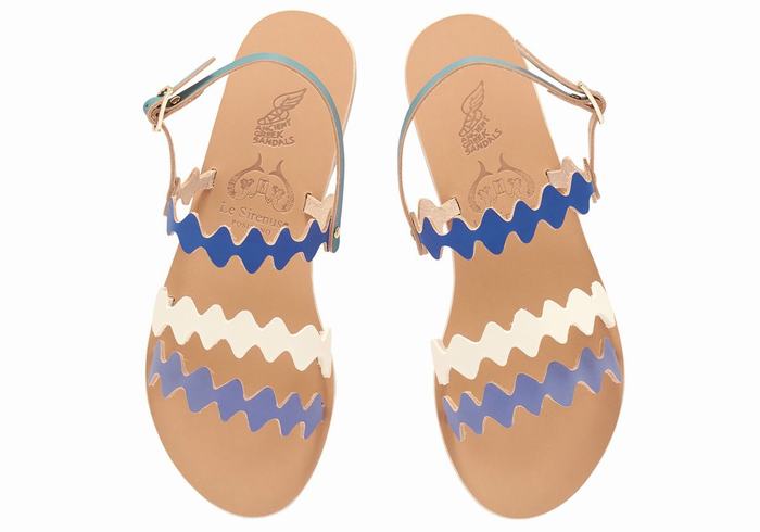 Women Ancient Greek Sandals Clio Onda Back-Strap Sandals Blue White | VBT9157KJ