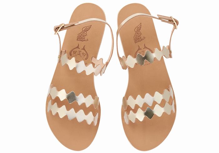 Women Ancient Greek Sandals Clio Onda Back-Strap Sandals Gold White | UXK1161TC