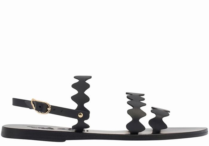 Women Ancient Greek Sandals Clio Onda Leather Back-Strap Sandals Black | TWW9491FJ