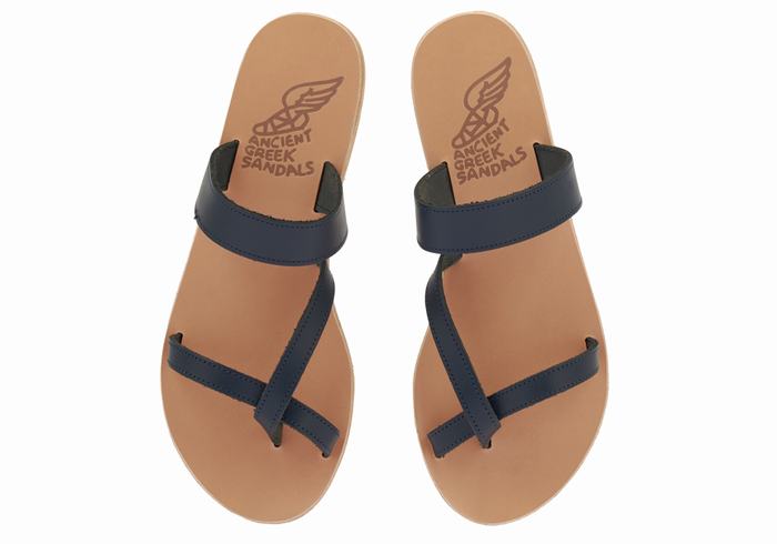 Women Ancient Greek Sandals Daphnae Leather Slide Sandals Dark Blue | AVD2777OU