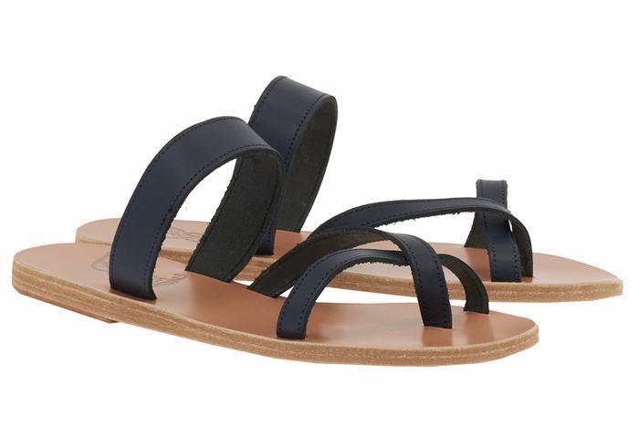 Women Ancient Greek Sandals Daphnae Leather Slide Sandals Dark Blue | AVD2777OU