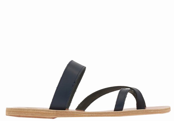 Women Ancient Greek Sandals Daphnae Leather Slide Sandals Dark Blue | AVD2777OU