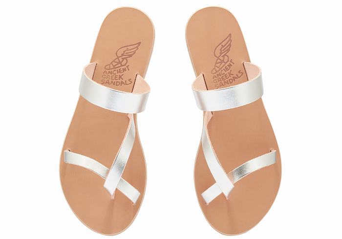 Women Ancient Greek Sandals Daphnae Leather Slide Sandals Silver | BKQ589BG